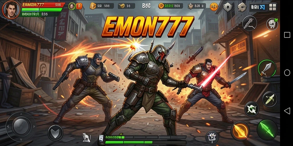 Gameplay EMON777 menampilkan pertarungan intense dan karakter-karakter penuh aksi.